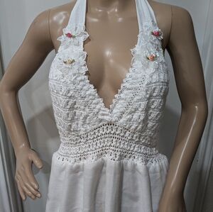 Upcycled Redesigned Chic White Crochet Midi Halter Dress Size Small. Bridal